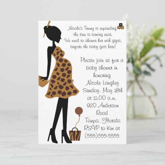 ベビーシャワーの招待状がある愛らしいサファリのお母さん 招待状 (スタンド正面)