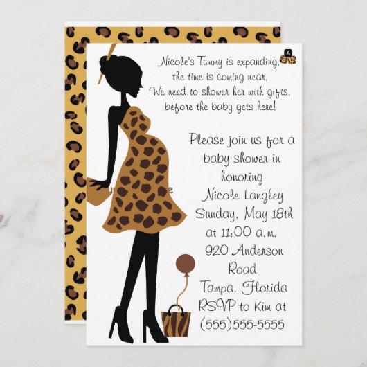 ベビーシャワーの招待状がある愛らしいサファリのお母さん 招待状 (正面/裏面)