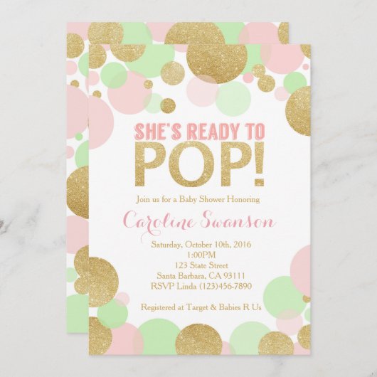 ベビーシャワーの招待状のピンクの金ゴールドのミントの水玉模様 招待状 (正面/裏面)