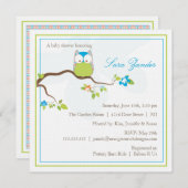 ベビーシャワーの招待状の-青および緑のベビーのフクロウ 招待状 (正面/裏面)