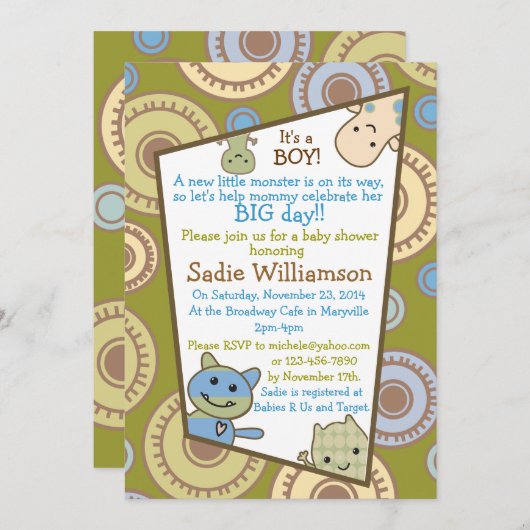 ベビーシャワーの招待状をかいま見ている小さいモンスター 招待状 (正面/裏面)