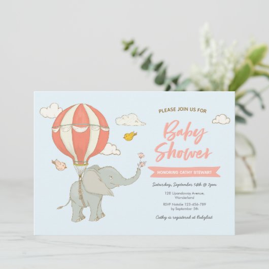 ベビーシャワーの招待状象の熱気の気球 招待状 (スタンド正面)