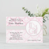 ベビーシャワーの招待状"それはです女の子!"  ピンクのダマスク織 招待状 (スタンド正面)