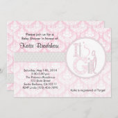 ベビーシャワーの招待状"それはです女の子!"  ピンクのダマスク織 招待状 (正面/裏面)