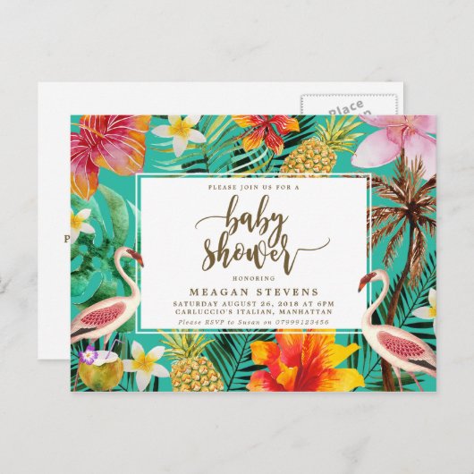 ベビーシャワーの招待状　トロピカルなフラインゴ インビテーションポストカード (正面/裏面)