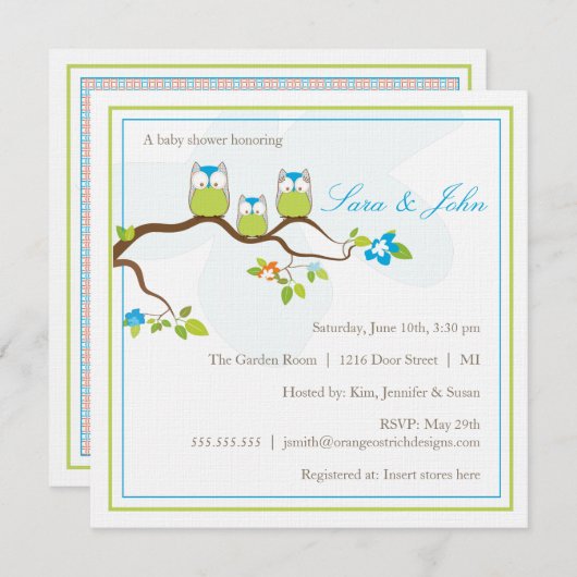 ベビーシャワーの招待状-フクロウ家族 招待状 (正面/裏面)