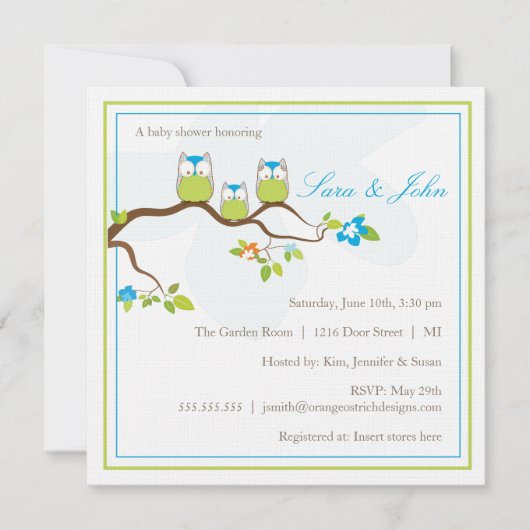 ベビーシャワーの招待状-フクロウ家族 招待状 (正面)