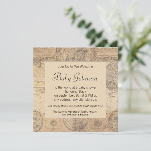 ベビーシャワーの招待状-ヴィンテージの地図のテーマ 招待状 (スタンド正面)