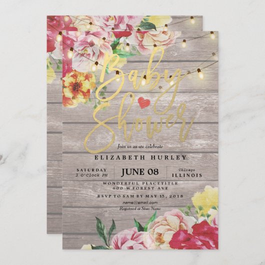 ベビーシャワーの招待状 花柄 ウッド&ストリングライト 招待状 (正面/裏面)