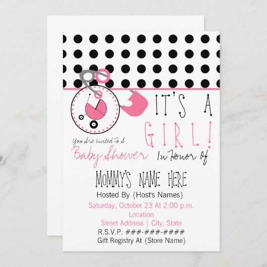 ベビーシャワーの招待-ピンクのおむつPin及び水玉模様 招待状 (正面/裏面)