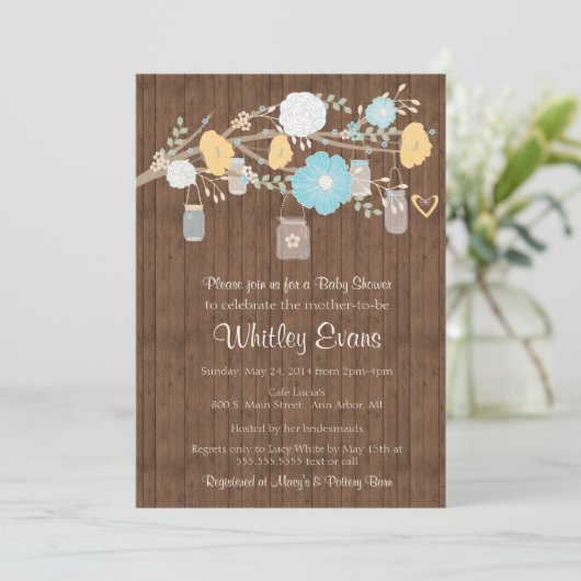 ベビーシャワーの招待、田舎のフローラメイソンジャー 招待状 (スタンド正面)