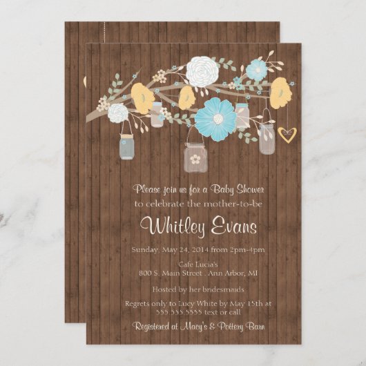 ベビーシャワーの招待、田舎のフローラメイソンジャー 招待状 (正面/裏面)