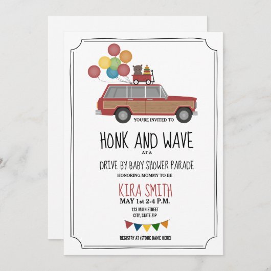 ベビーシャワーの木製SUVワゴンの主要なおもちゃを通るドライブ 招待状 (正面/裏面)
