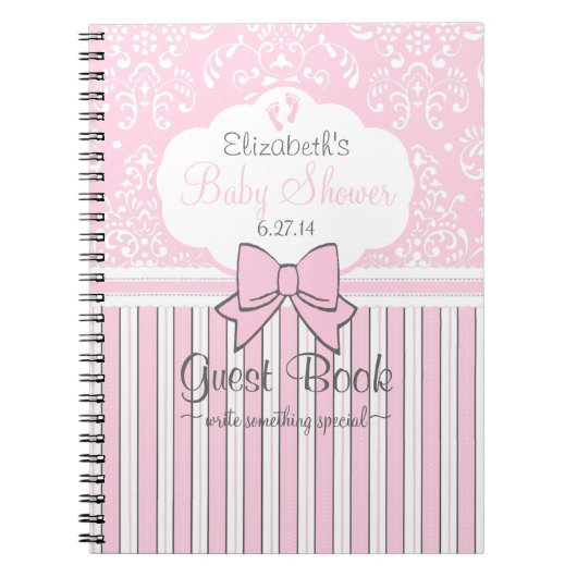 ベビーシャワーの来客名簿のピンクのダマスク織は縞で飾り、 ノートブック (正面)