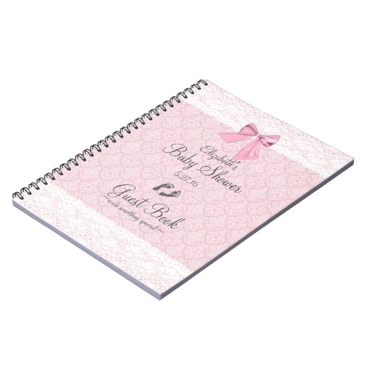 ベビーシャワーの来客名簿のピンクのダマスク織 ノートブック (左側)
