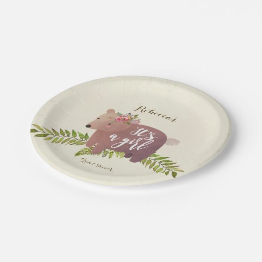 ベビーシャワーの森林くまそれは女の子の紙皿です ペーパープレート (アングル)