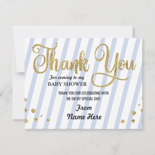 ベビーシャワーの男の子のストライプの青いグリッターありがとう サンキューカード (正面)