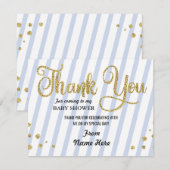 ベビーシャワーの男の子のストライプの青いグリッターありがとう サンキューカード (正面/裏面)