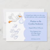 ベビーシャワーの男の子の青のこうのとり 招待状 (正面)