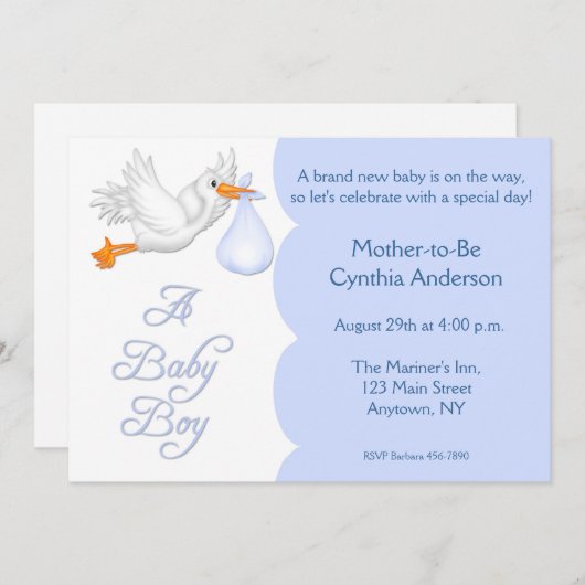ベビーシャワーの男の子の青のこうのとり 招待状 (正面/裏面)