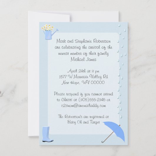 ベビーシャワーの男の子の青傘および雨靴 招待状 (裏面)