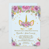 ベビーシャワーの男の子のUnicormの招待、青い花 招待状 (正面/裏面)