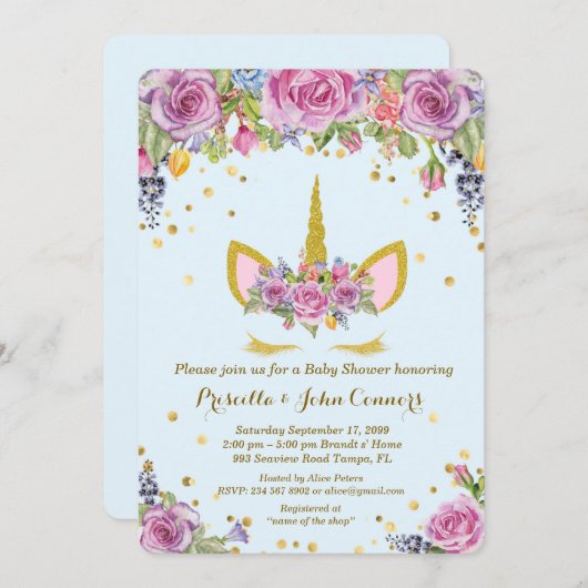 ベビーシャワーの男の子のUnicormの招待、青い花 招待状 (正面/裏面)