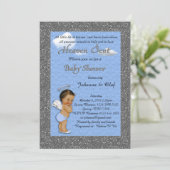ベビーシャワーの男の子、ベビーの天使、青、グリッター、銀 招待状 (スタンド正面)