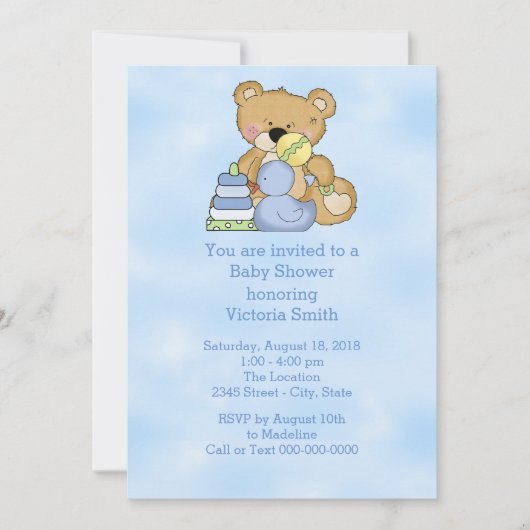 ベビーシャワーの男の赤ちゃんのテディー・ベア 招待状 (正面)
