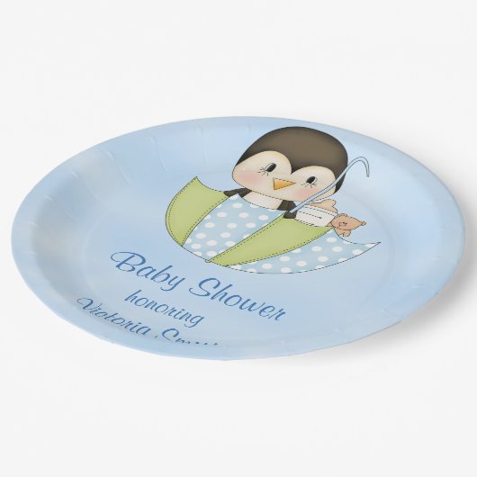 ベビーシャワーの男の赤ちゃんのペンギン ペーパープレート (アングル)