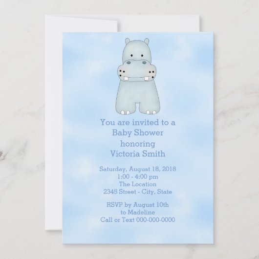 ベビーシャワーの男の赤ちゃんの青のカバ 招待状 (正面)