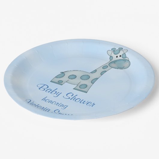 ベビーシャワーの男の赤ちゃんの青のキリン ペーパープレート (アングル)