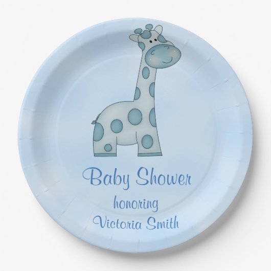 ベビーシャワーの男の赤ちゃんの青のキリン ペーパープレート (正面)
