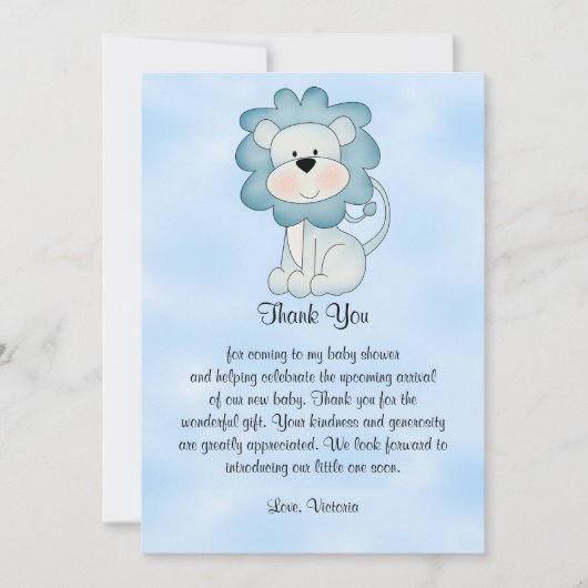 ベビーシャワーの男の赤ちゃんの青のライオン 招待状 (正面)