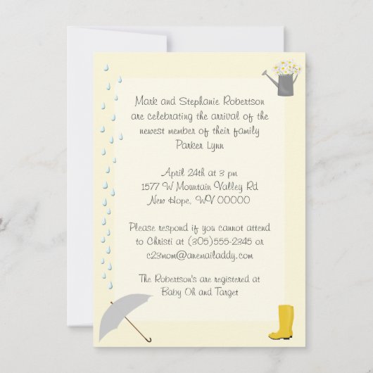 ベビーシャワーの男女兼用な傘および雨靴 招待状 (裏面)