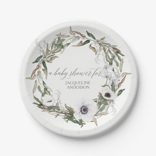 ベビーシャワーの素朴なリースのアネモネのオリーブの葉 ペーパープレート (正面)