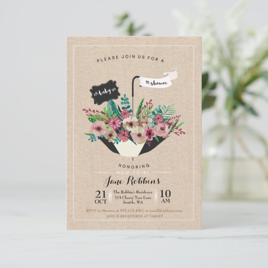 ベビーシャワーの花の傘のシンプルな設計の招待 招待状 (スタンド正面)