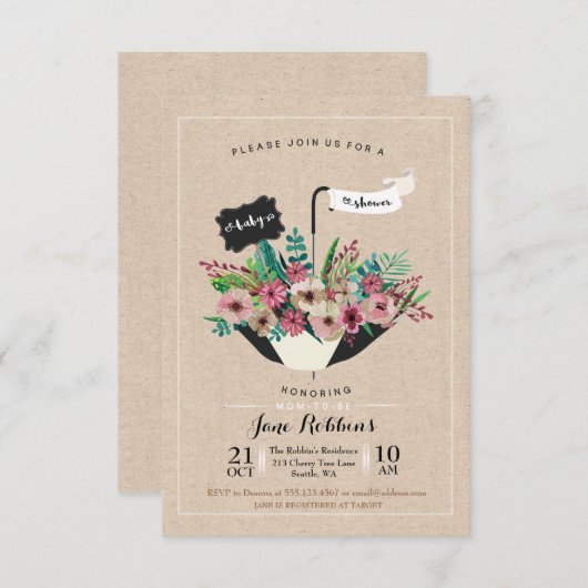 ベビーシャワーの花の傘のシンプルな設計の招待 招待状 (正面/裏面)