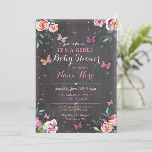 ベビーシャワーの蝶それは女の子または双生児の招待です 招待状 (スタンド正面)