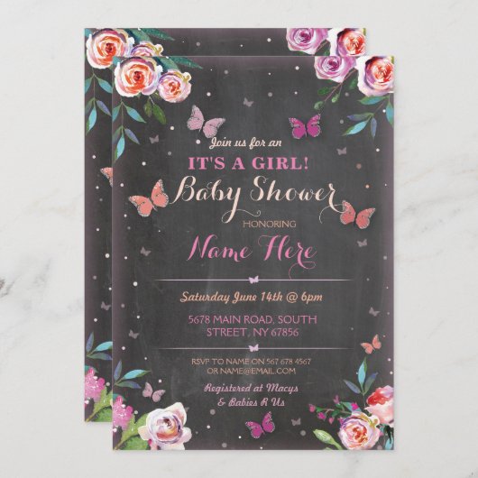 ベビーシャワーの蝶それは女の子または双生児の招待です 招待状 (正面/裏面)