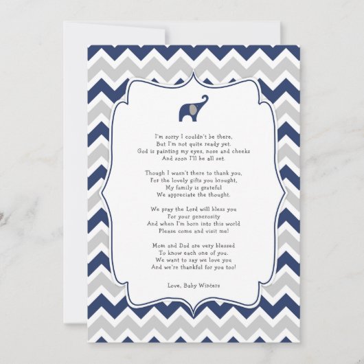 ベビーシャワーの詩はノート、海軍象感謝していしています 招待状 (正面)