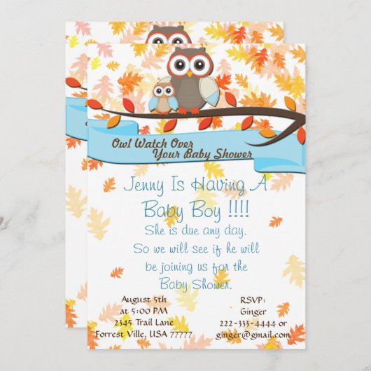 ベビーシャワーの誕生会の招待上のフクロウの腕時計 招待状 (正面/裏面)