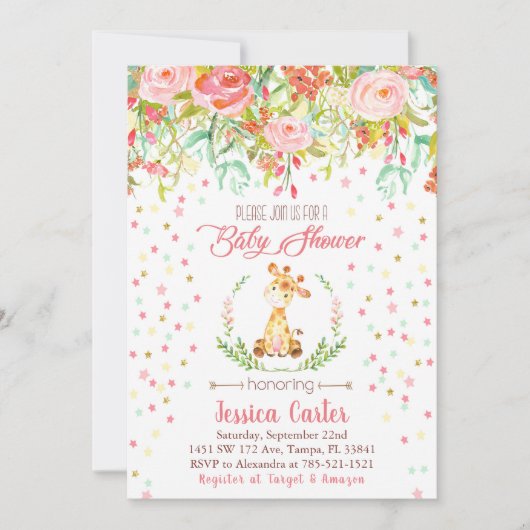 ベビーシャワーの誘いの花とキリン 招待状 (正面)