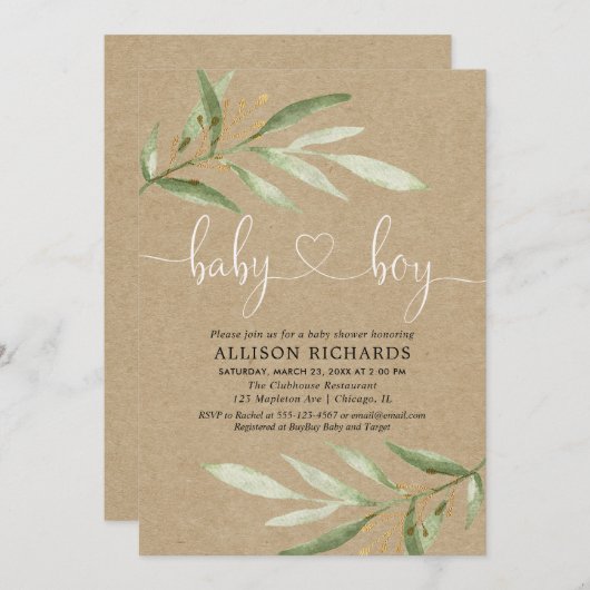 ベビーシャワーの誘いを受ける少年、田舎風のクラフト緑 招待状 (正面/裏面)