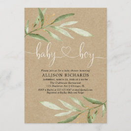 ベビーシャワーの誘いを受ける少年、田舎風のクラフト緑 招待状