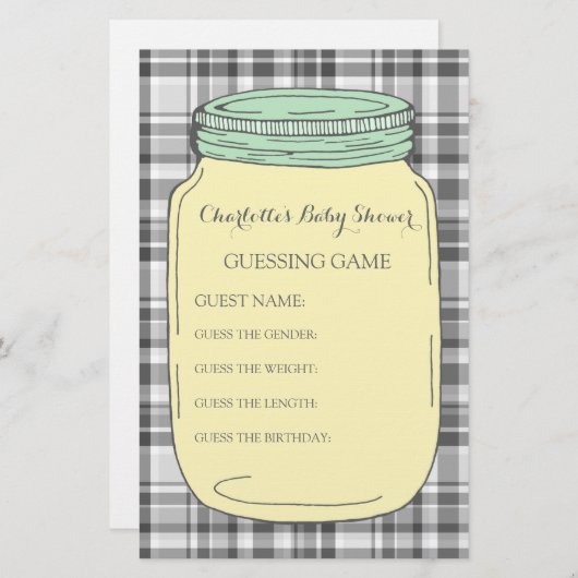 ベビーシャワーの謎解きゲームの黄色く真新しいメーソンジャー 便箋 (正面/裏面)
