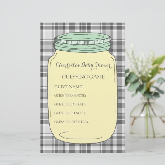 ベビーシャワーの謎解きゲームの黄色く真新しいメーソンジャー 便箋 (スタンド正面)
