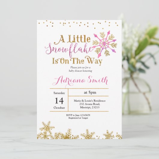 ベビーシャワーの途中で少し雪片が出ている 招待状 (スタンド正面)