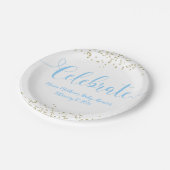 ベビーシャワーの青い男の赤ちゃんは金ゴールドの紙吹雪を祝います ペーパープレート (アングル)