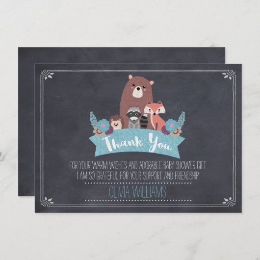 ベビーシャワーの黒板の森林サンキューカードの男の子 サンキューカード (正面/裏面)